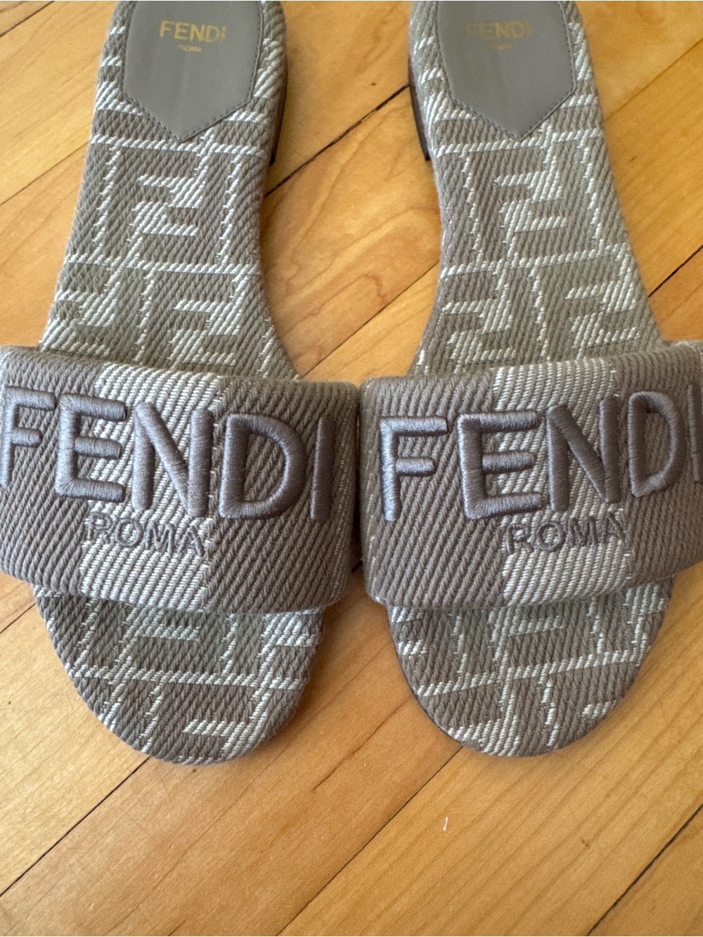 Fendi Taupe Monogram Slide Sandals with Embroidered Logo